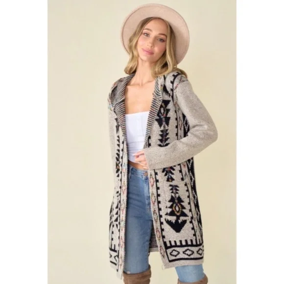 Oatmeal Aztec Rainbow Western Hooded Knit Cardigan Long Sleeve Open Sweater - Picture 14 of 14